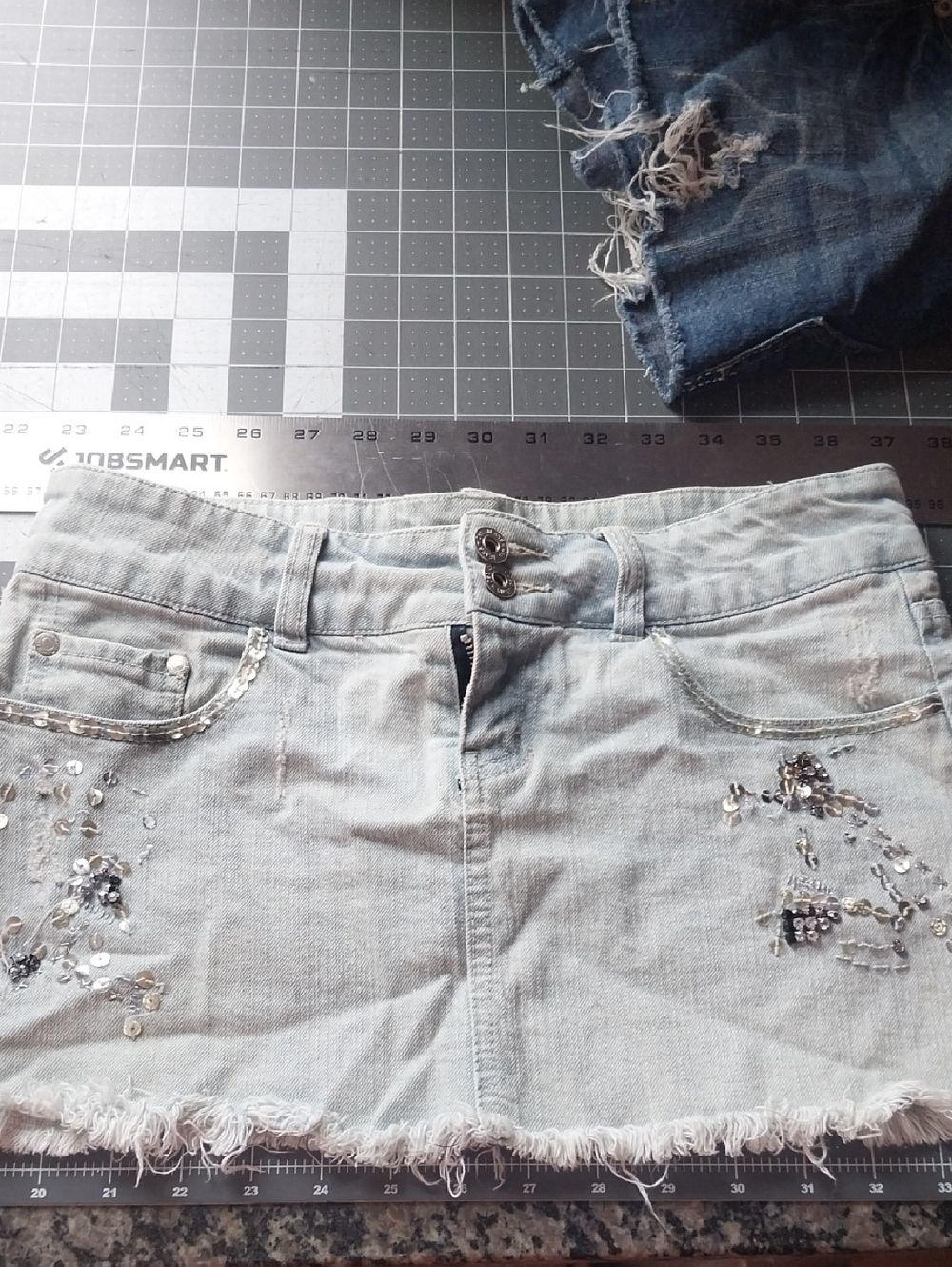 Deb Light Gray Sequin-Embellished Denim Mini Skirt